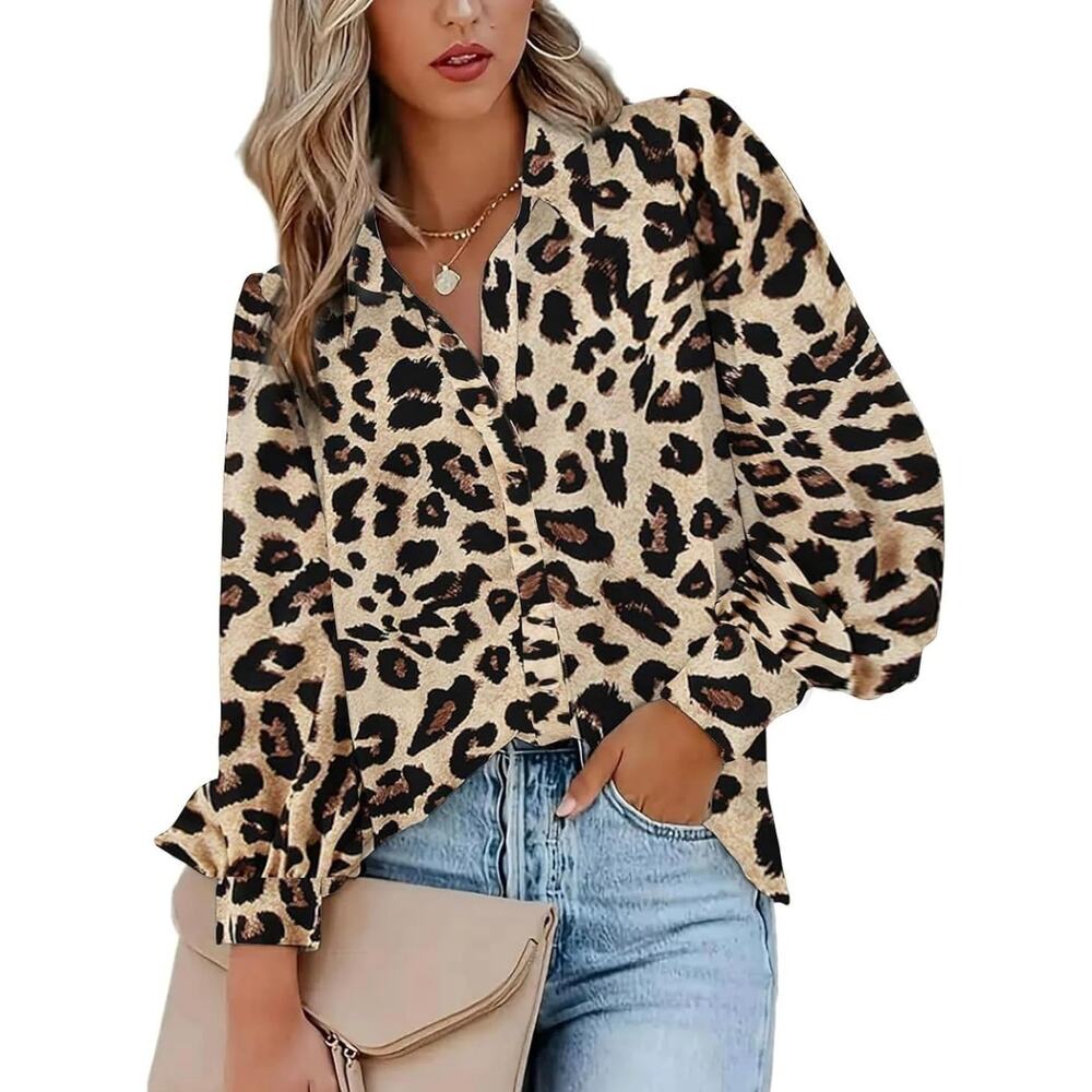 Zeagoo Women's Leopard Cheetah Print Tan Black Blouse Size Large NWT